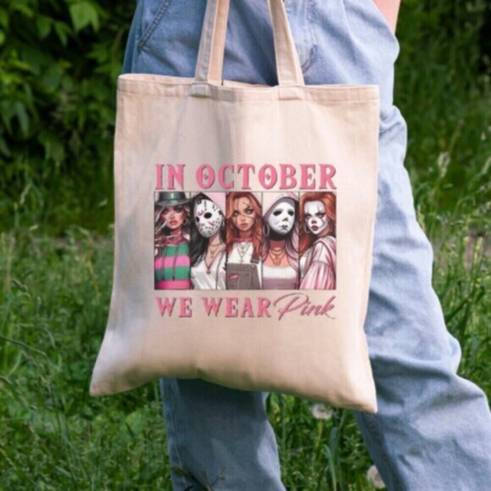In October We Wear Pink Halloween Tote Bag 100% Cotton 15x16